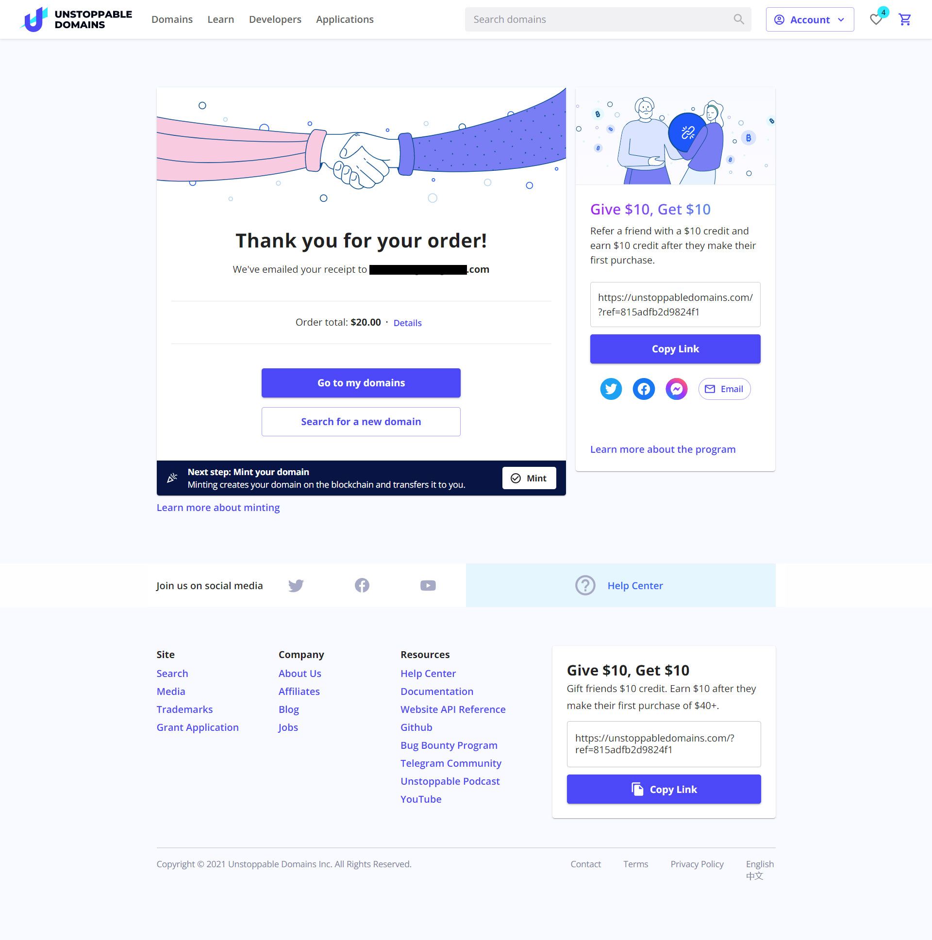 unstoppabledomains thank you page